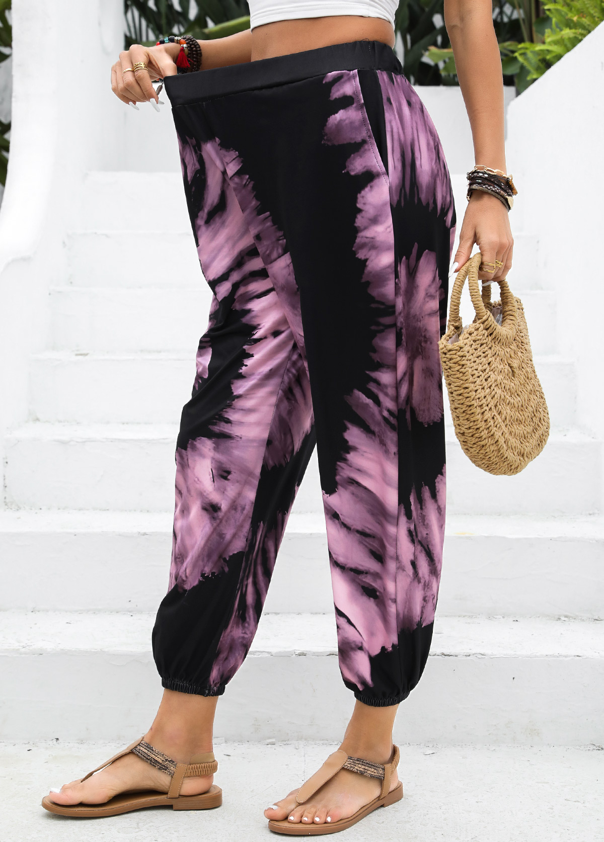 Ombre Neon Pink Jogger Elastic Waist High Waisted Pants