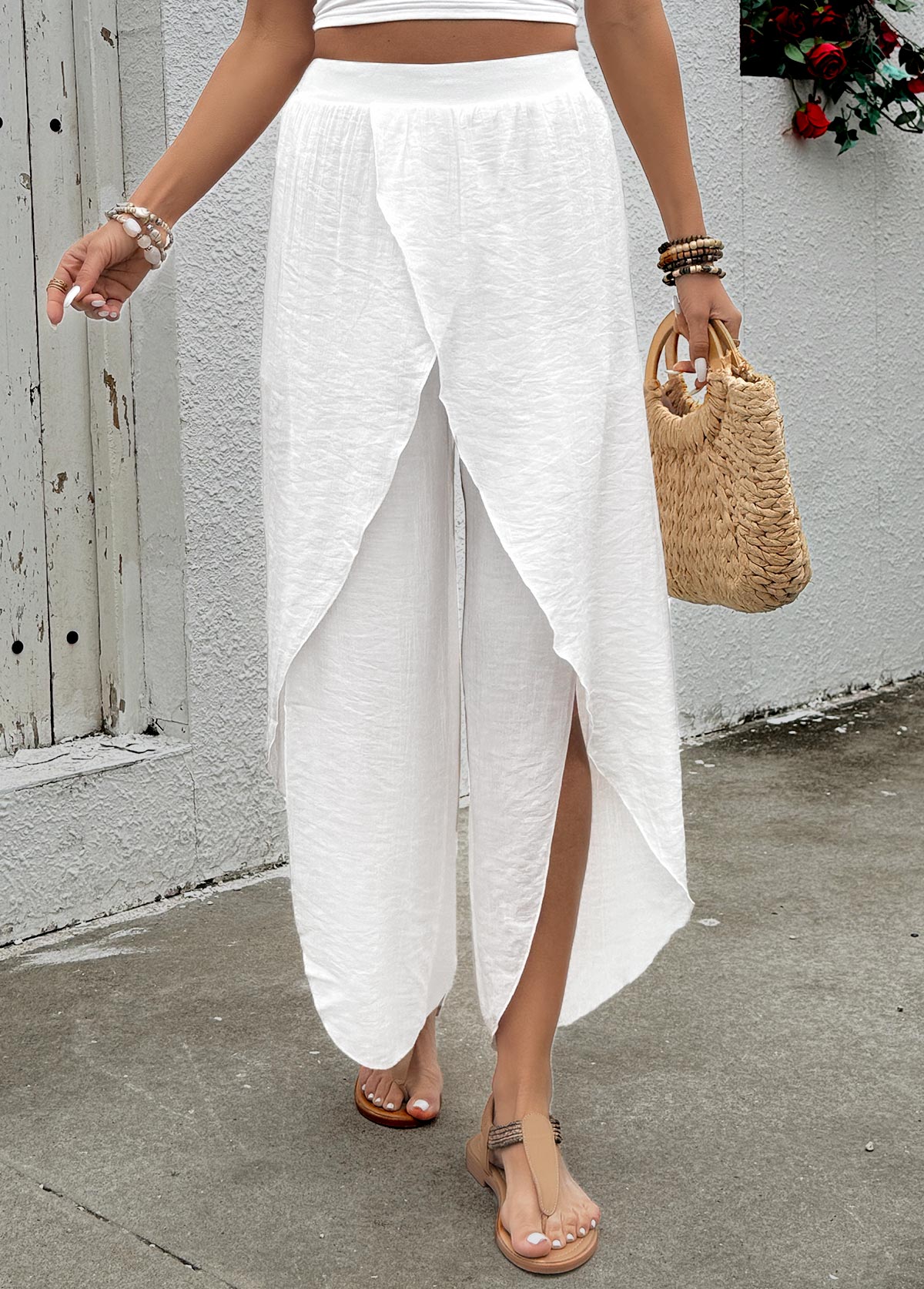 Flowy White Wide Leg Elastic Waist High Waisted Pants