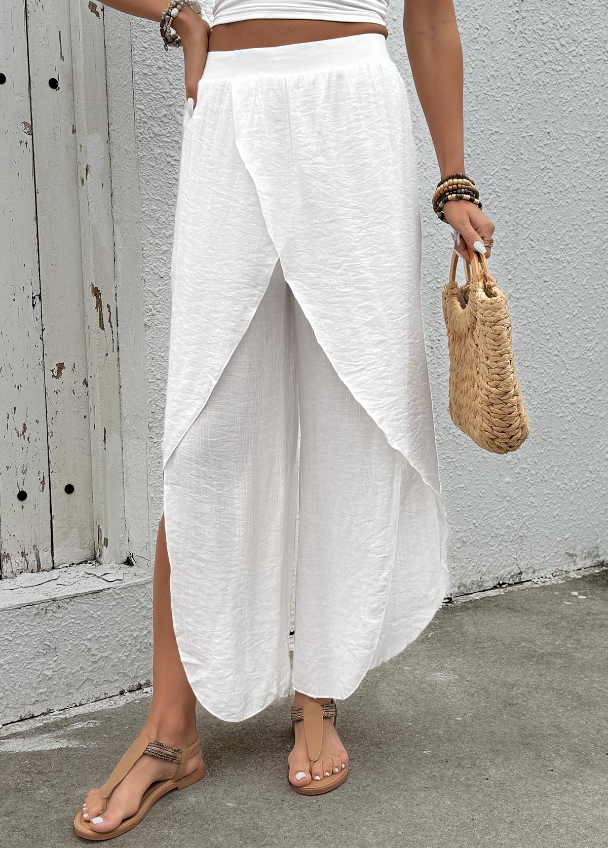 Flowy White Wide Leg Elastic Waist High Waisted Pants