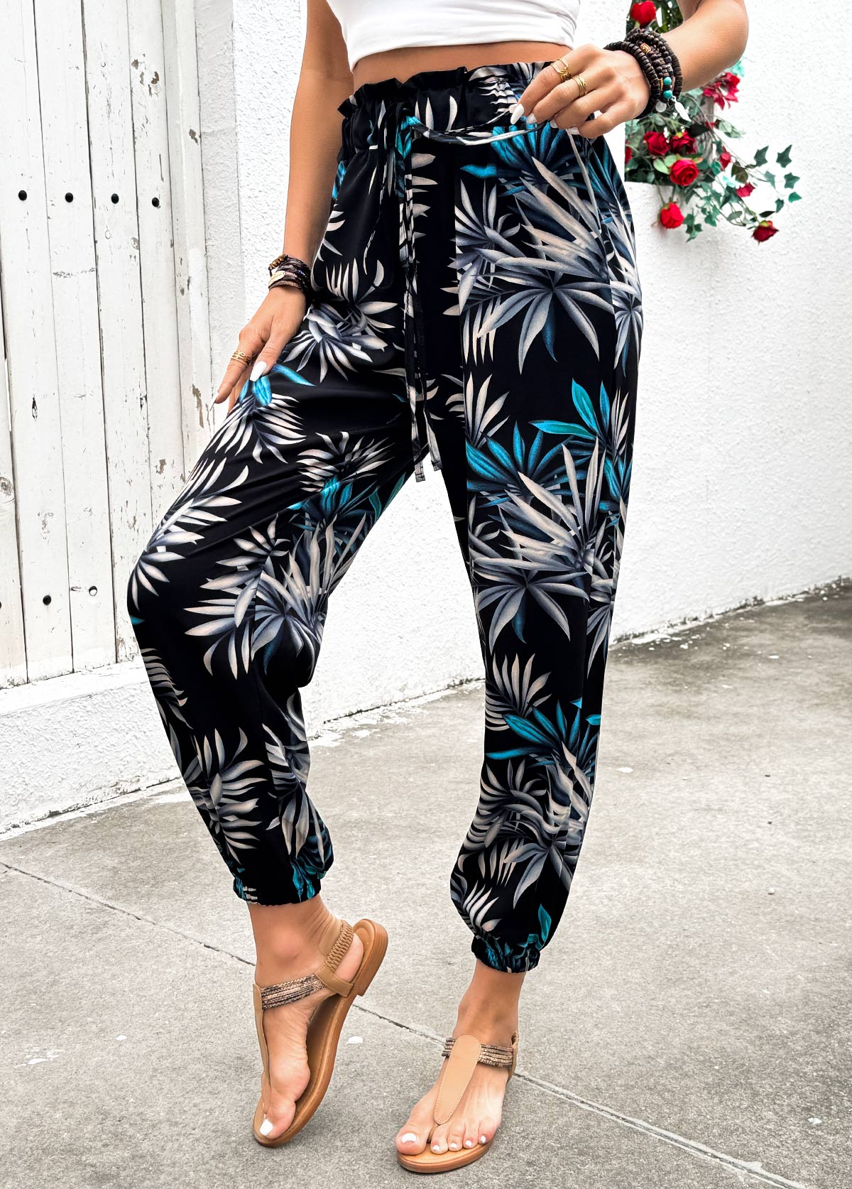 Plants Print Black Jogger Elastic Waist High Waisted Pants
