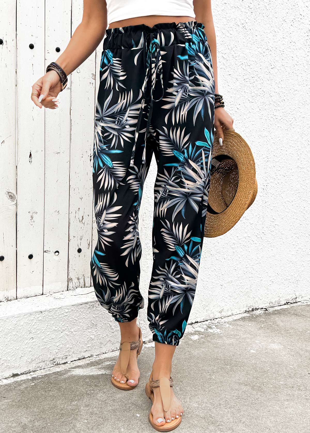 Plants Print Black Jogger Elastic Waist High Waisted Pants