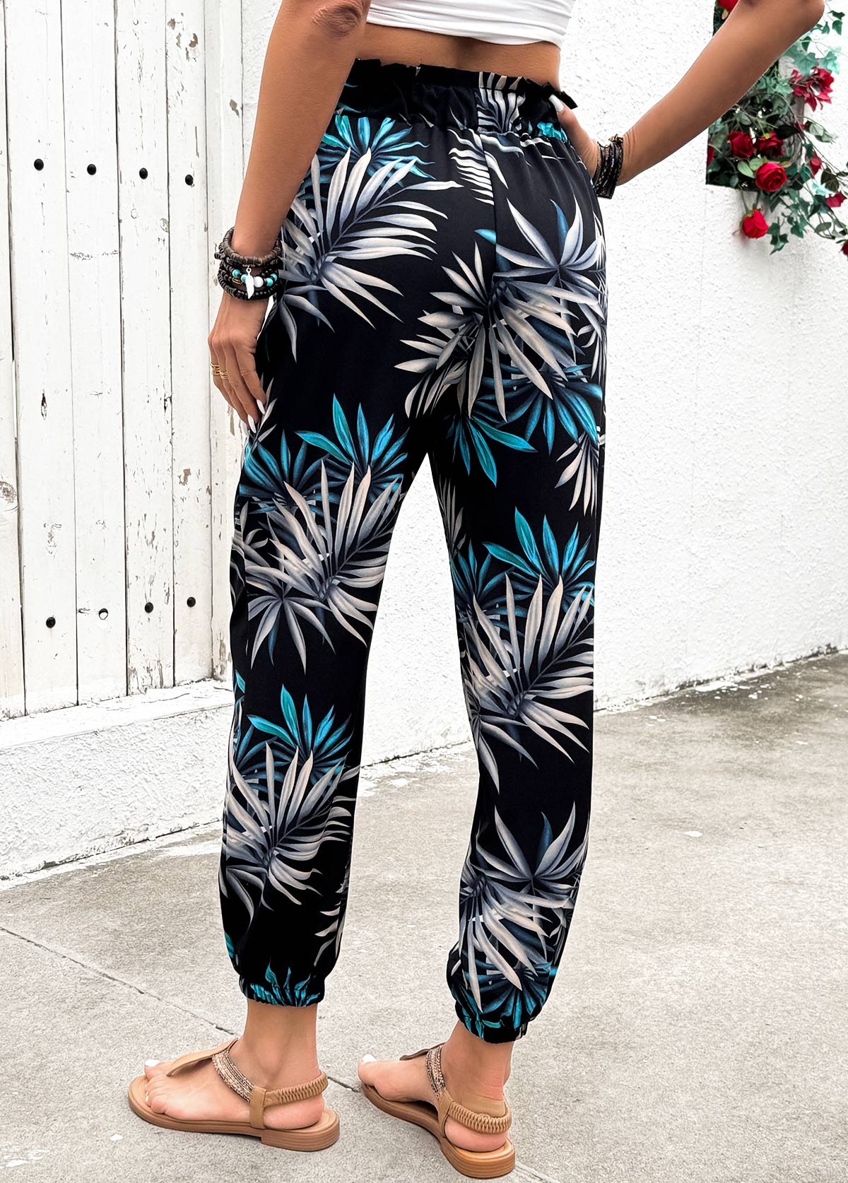 Plants Print Black Jogger Elastic Waist High Waisted Pants
