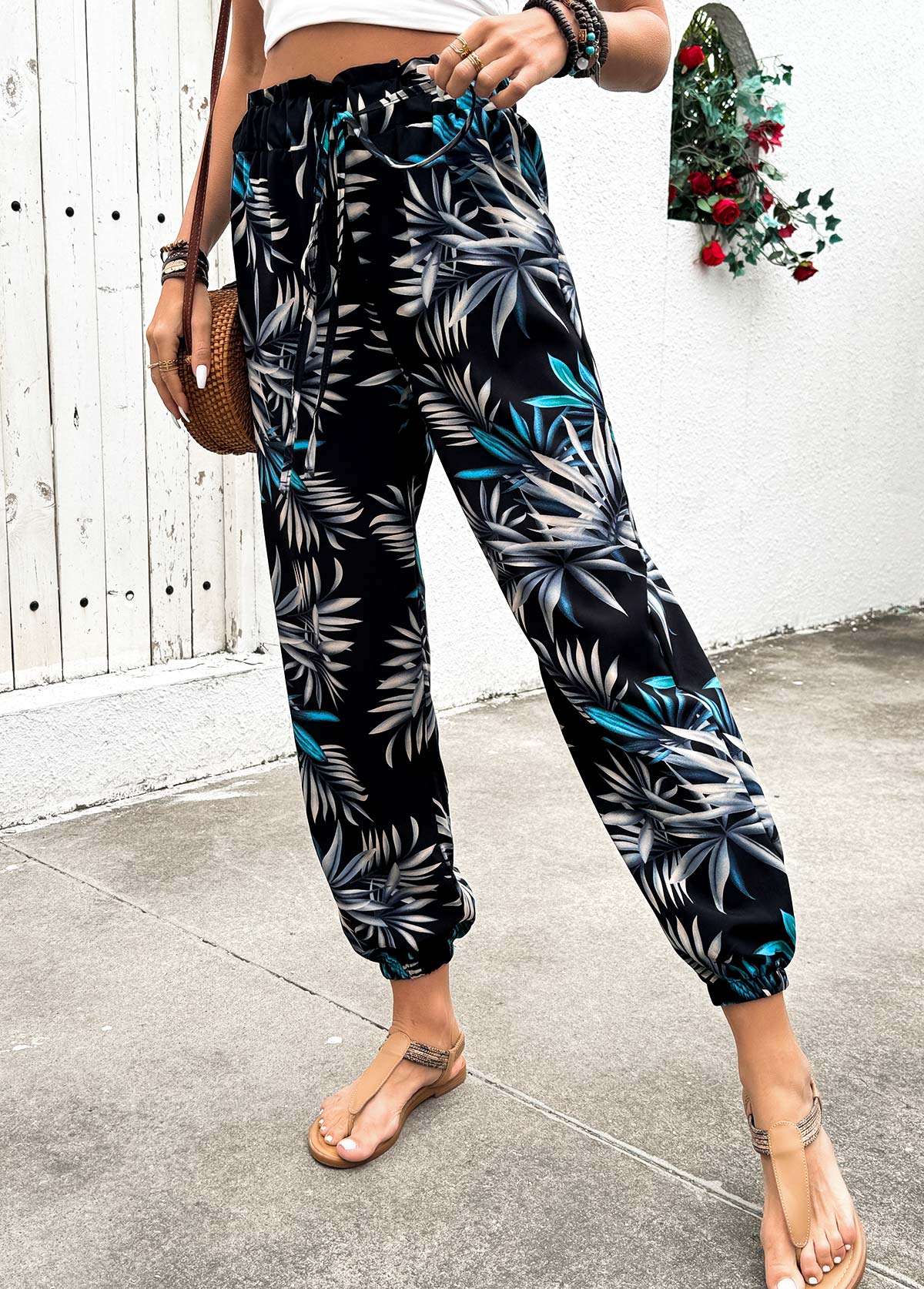 Plants Print Black Jogger Elastic Waist High Waisted Pants