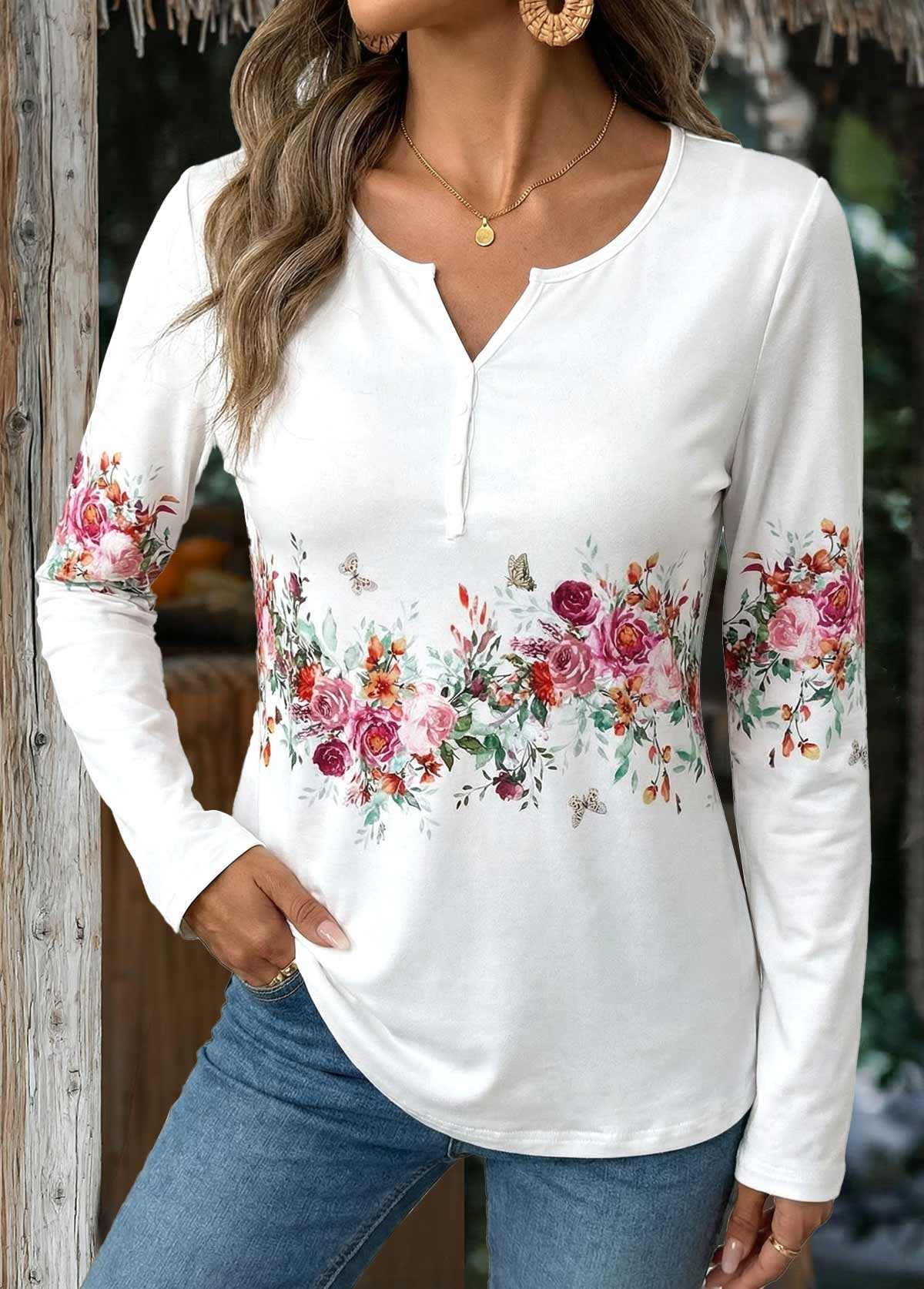 Floral Print Button White Long Sleeve T Shirt