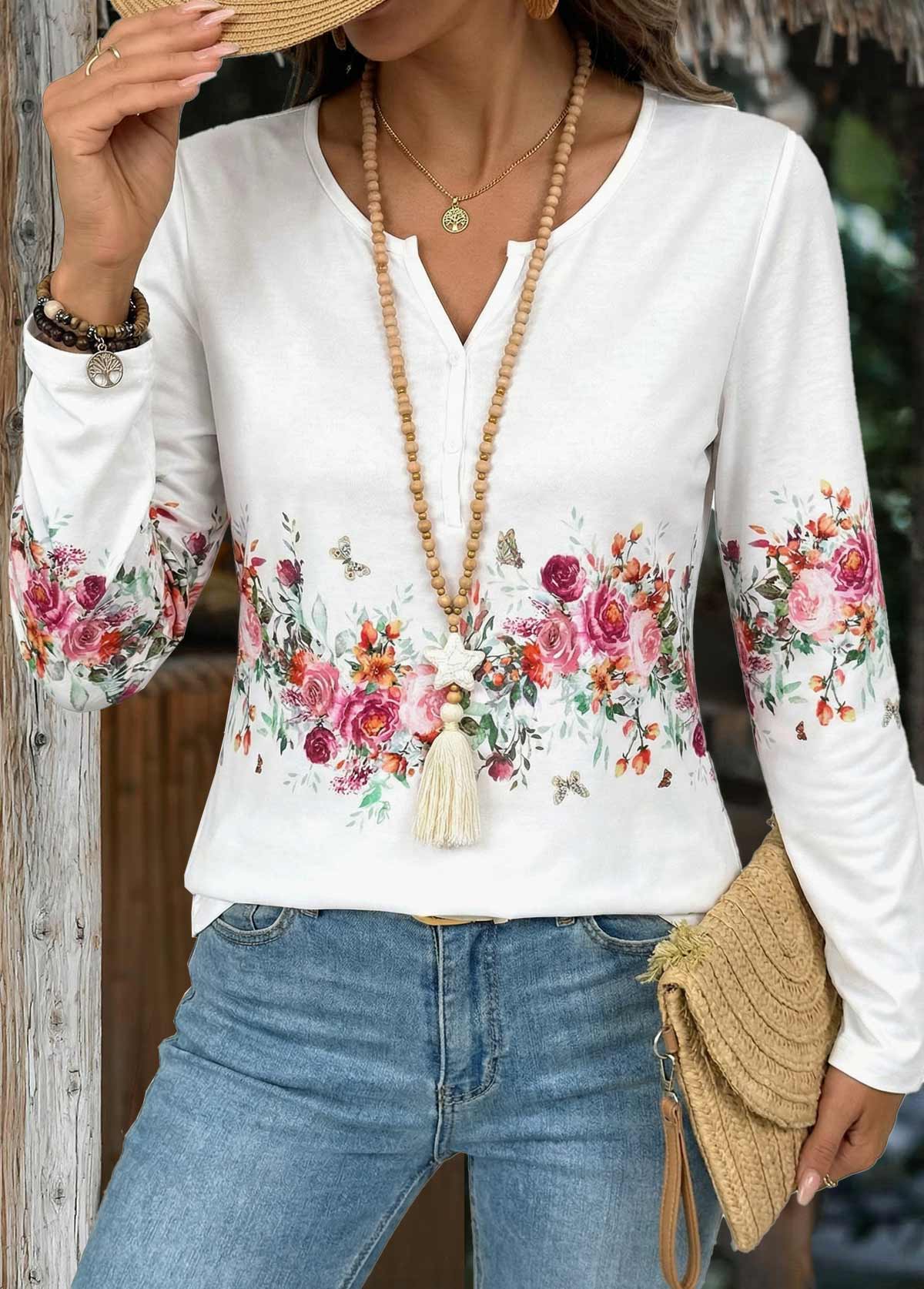 Floral Print Button White Long Sleeve T Shirt