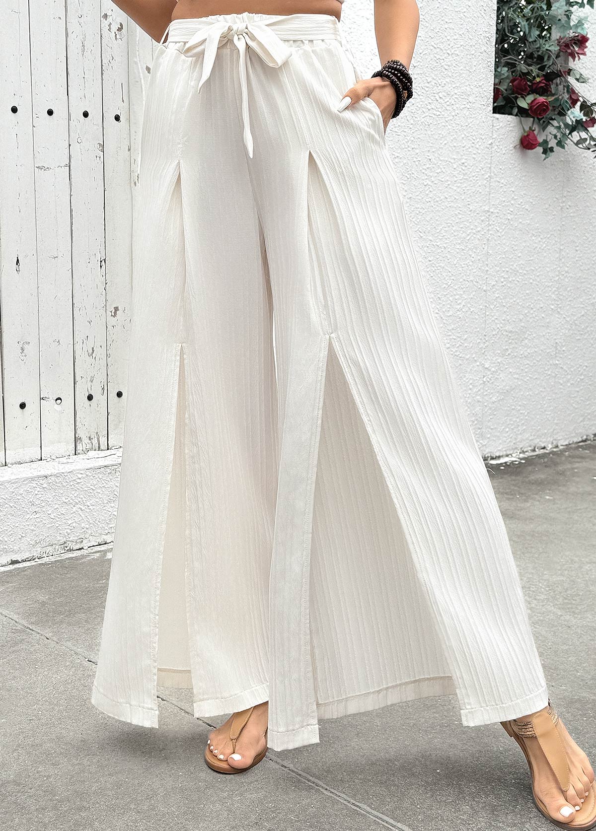 Flowy Raw White Wide Leg Elastic Waist Pants