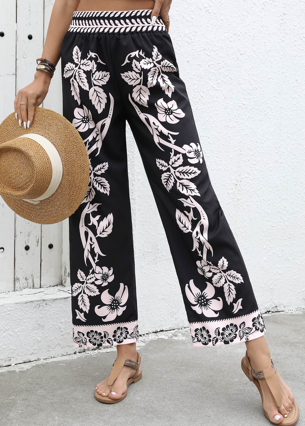 Plants Print Flowy Black Wide Leg Elastic Waist Pants