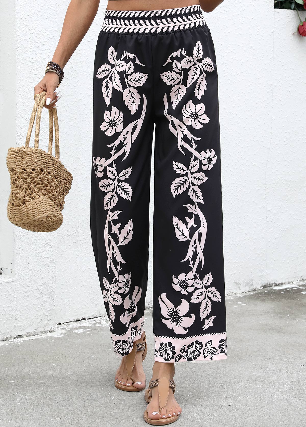 Plants Print Flowy Black Wide Leg Elastic Waist Pants