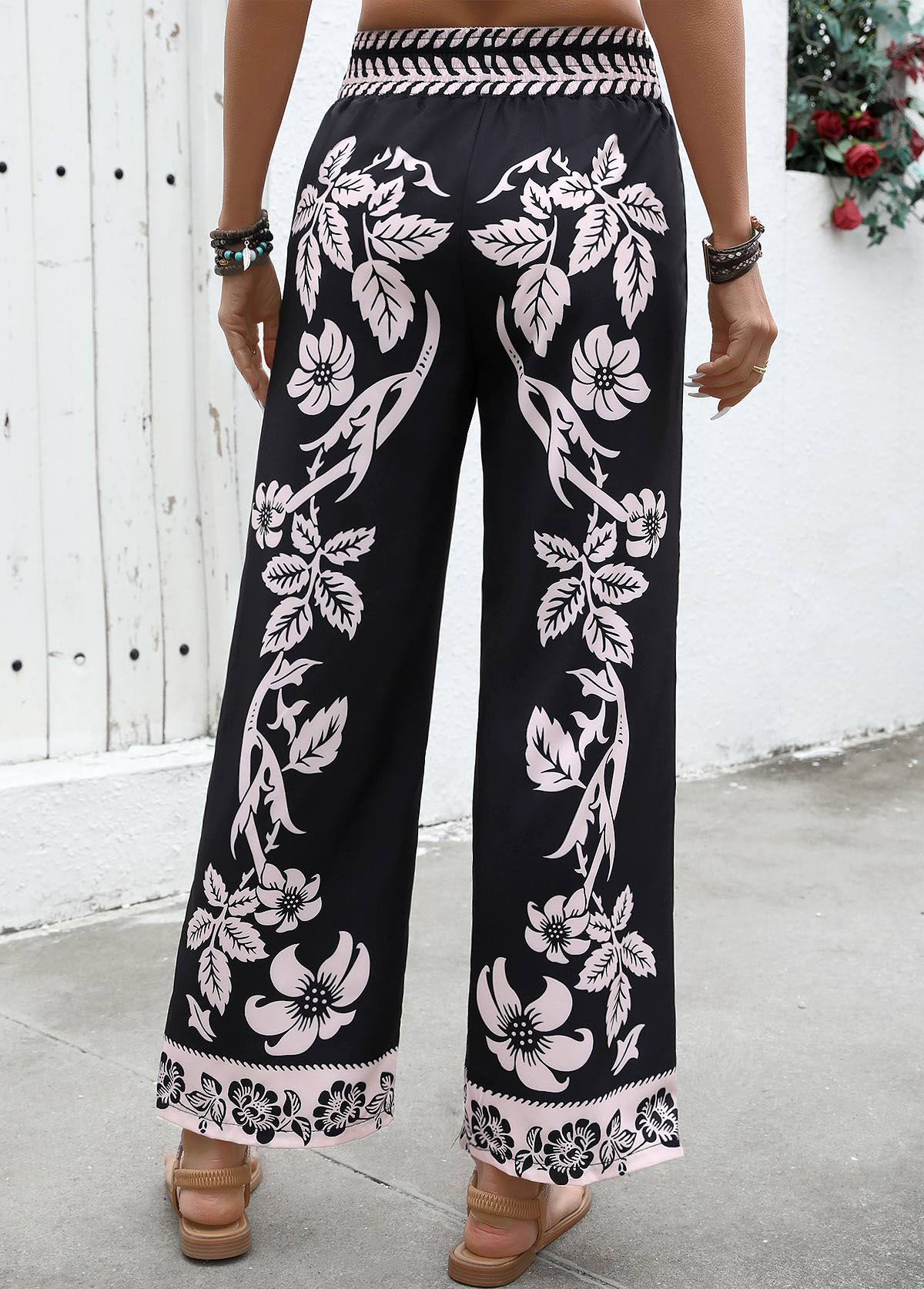 Plants Print Flowy Black Wide Leg Elastic Waist Pants
