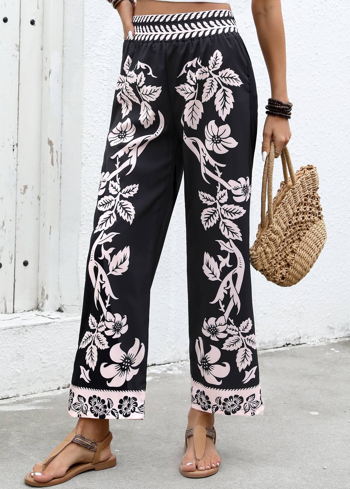 Plants Print Flowy Black Wide Leg Elastic Waist Pants
