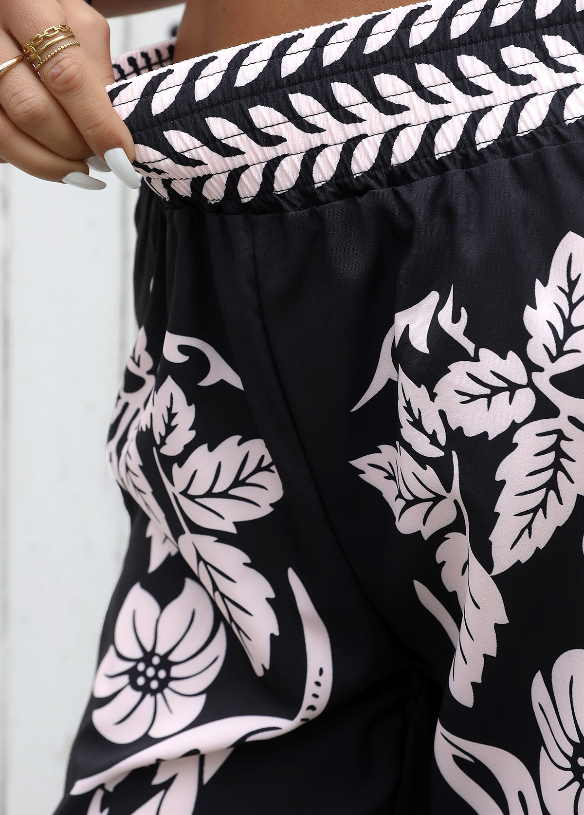 Plants Print Flowy Black Wide Leg Elastic Waist Pants