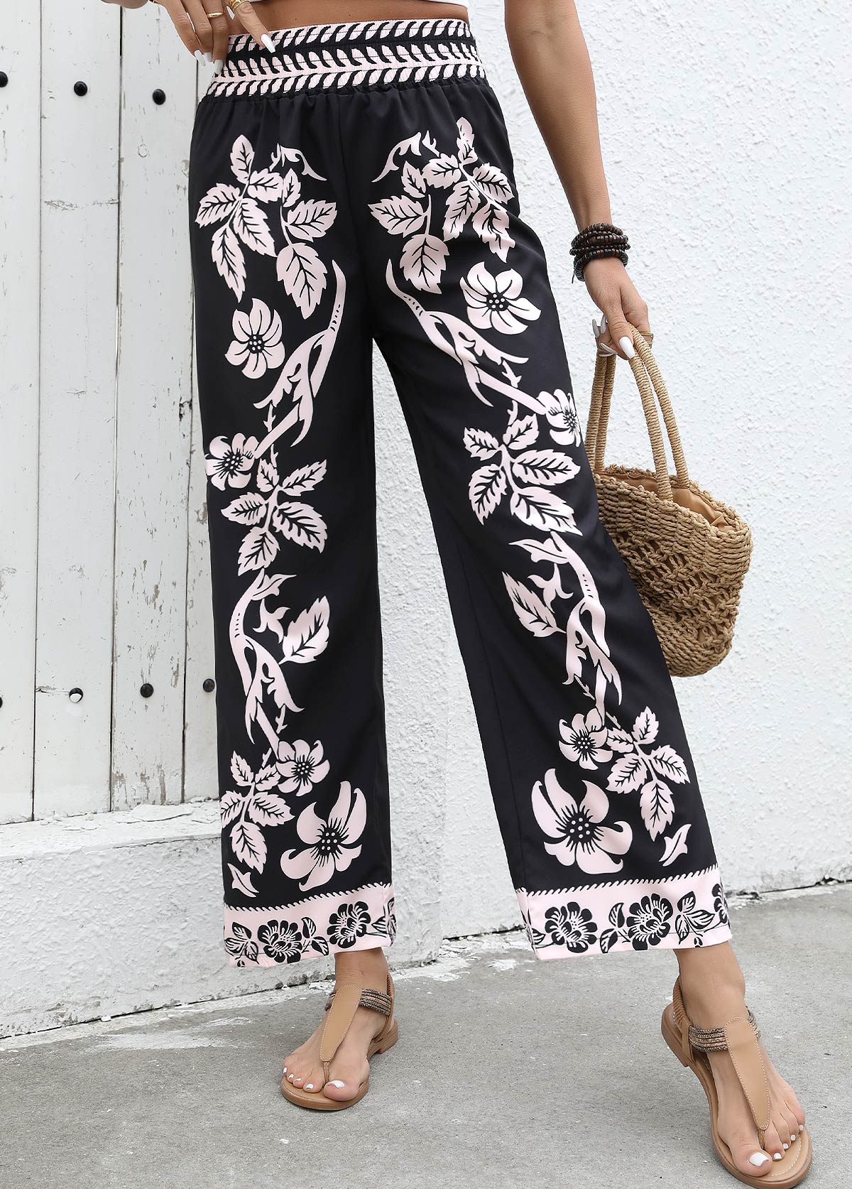 Plants Print Flowy Black Wide Leg Elastic Waist Pants