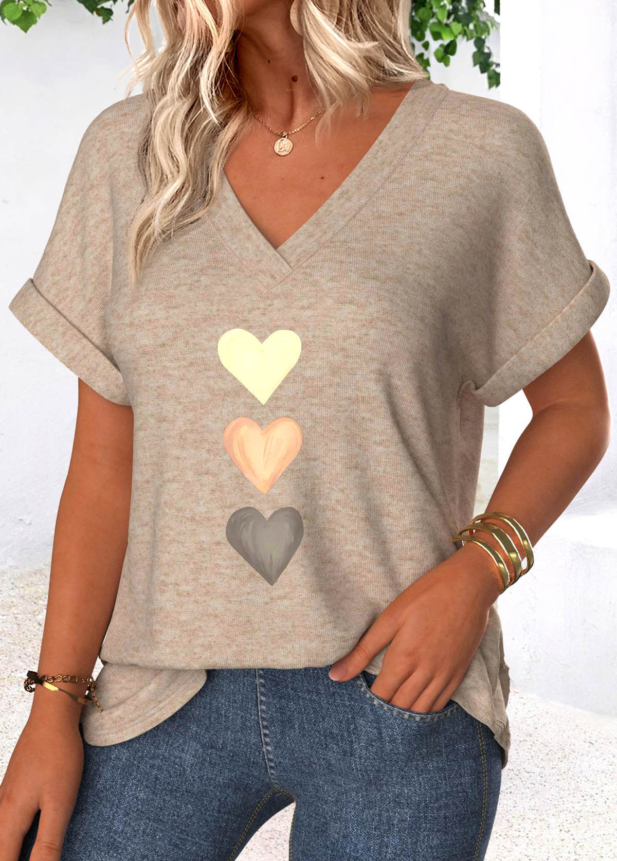 Heart Print Tummy Coverage Light Camel T Shirt