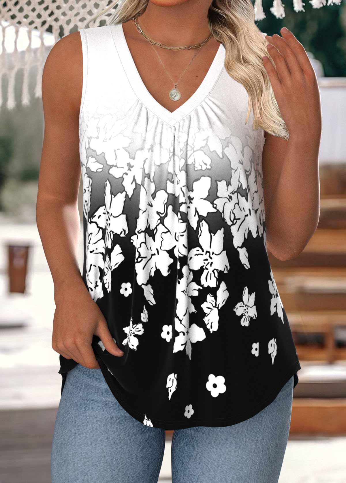 Tummy Coverage White Sleeveless V Neck Tank Top