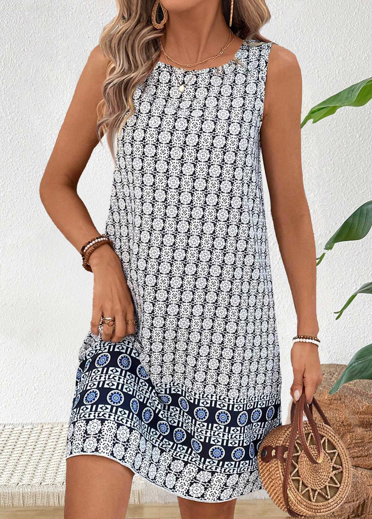 Geometric Print Tummy Coverage Multi Color Short Sleeveless Dress