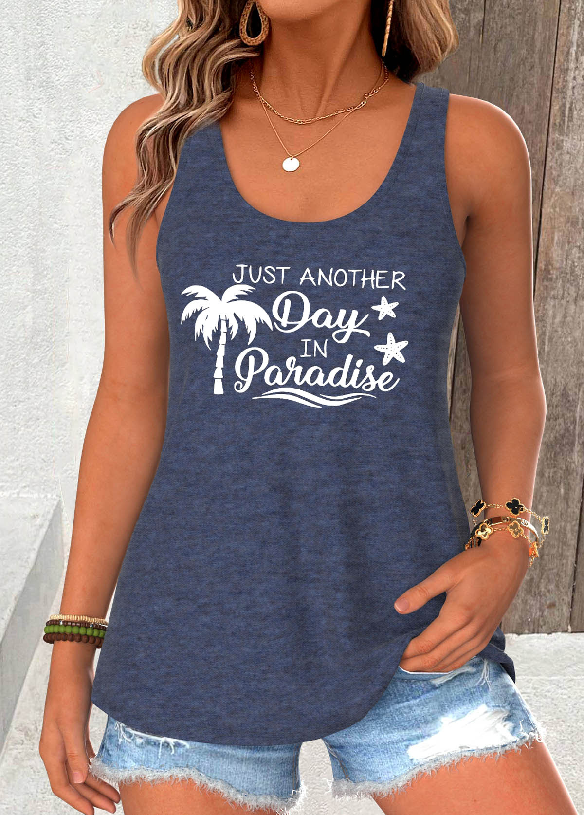 Slogan Print Navy Sleeveless Scoop Neck Tank Top