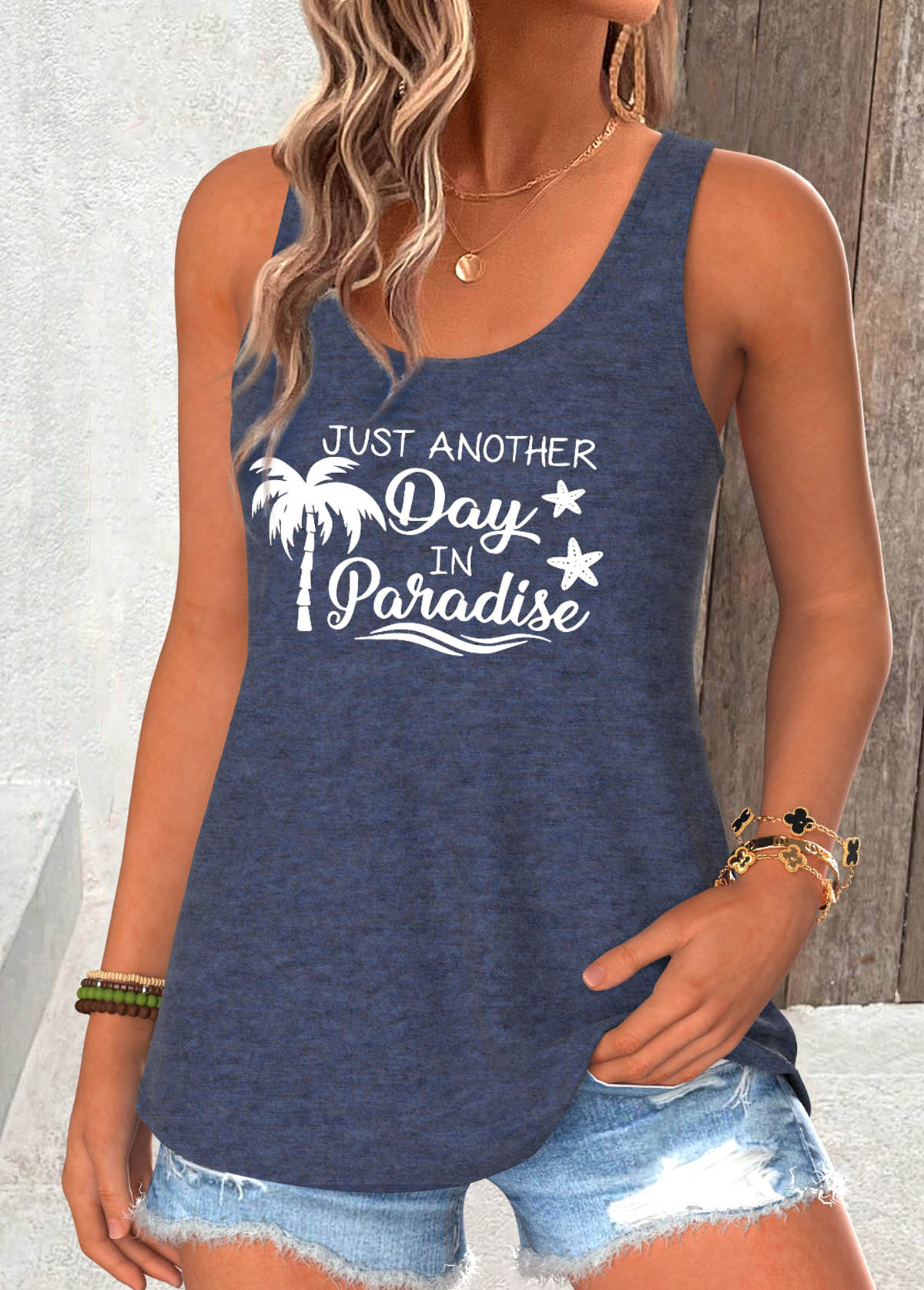 Slogan Print Navy Sleeveless Scoop Neck Tank Top