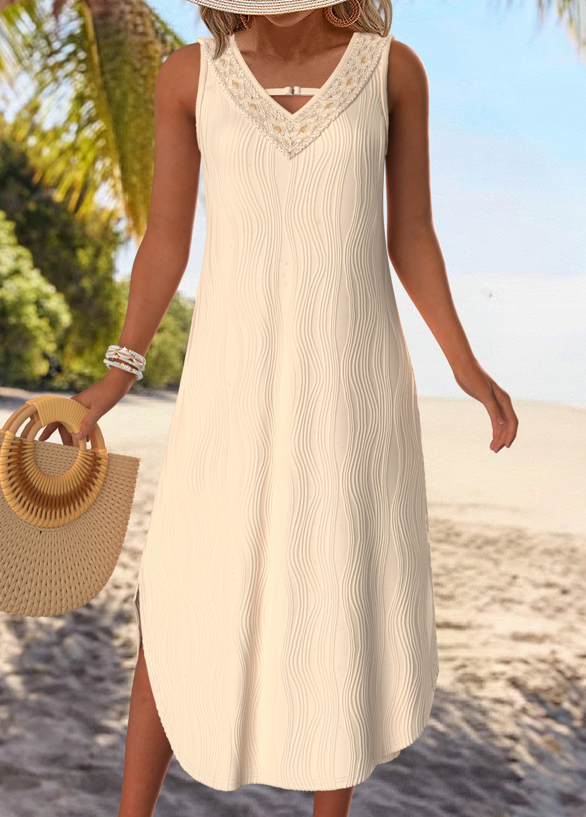 Tummy Coverage Beige Sleeveless V Neck Dress