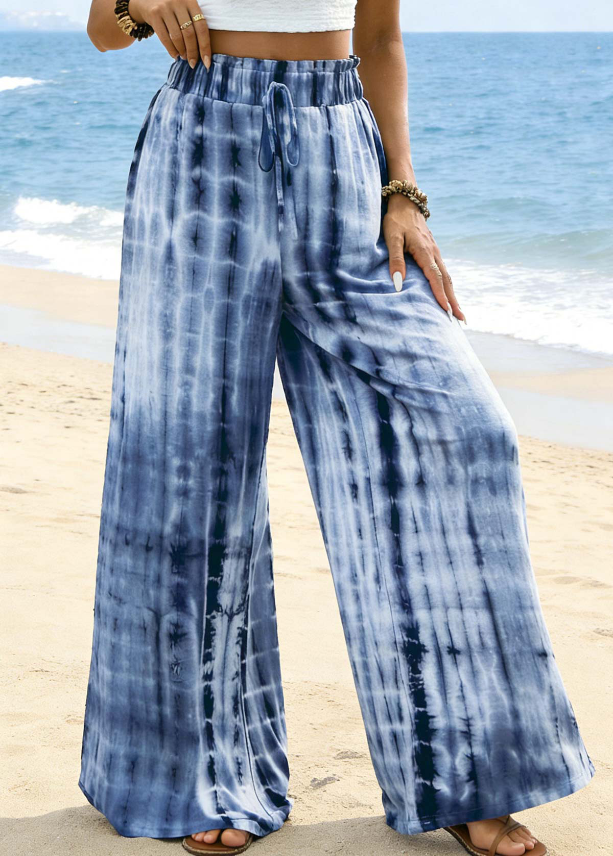 Tie Dye Print Soft Blue Wide Leg Pants