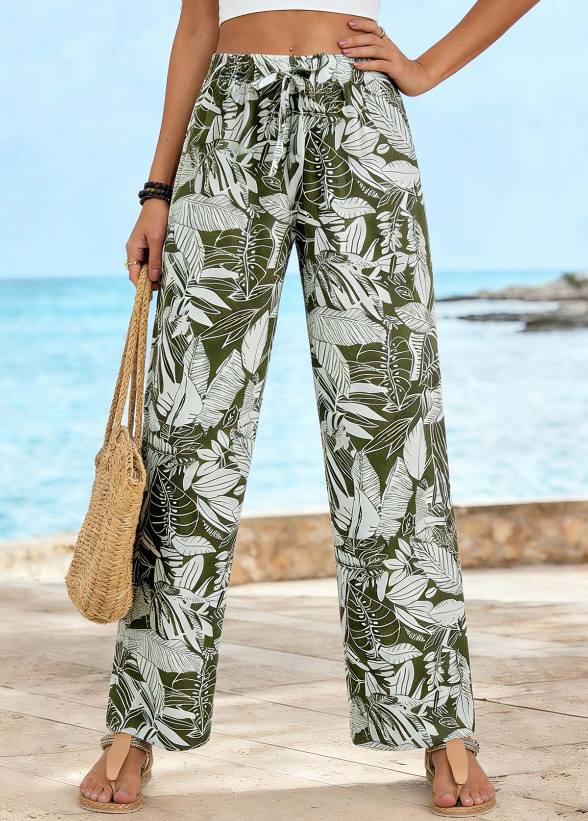Leaf Print Soft Olive Green Straight Leg Pants
