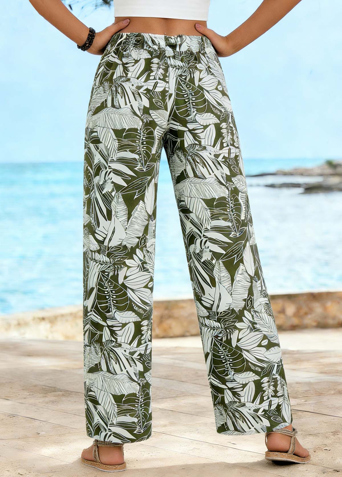 Leaf Print Soft Olive Green Straight Leg Pants