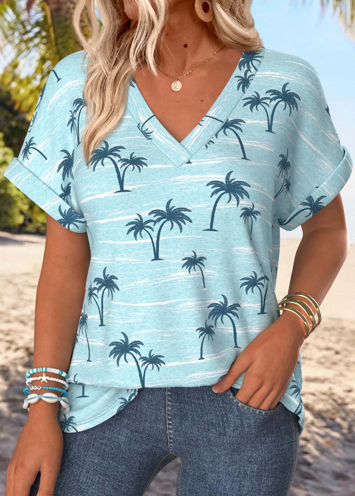 Tropical Plants Print Blue Short Sleeve T Shirt