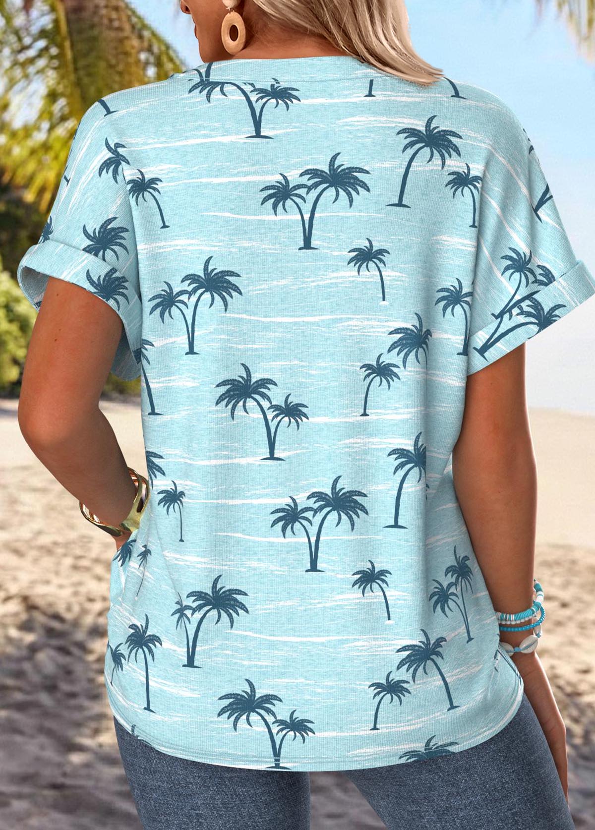 Tropical Plants Print Blue Short Sleeve T Shirt