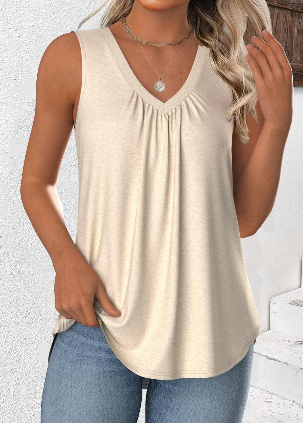 Beige Sleeveless V Neck Tank Top