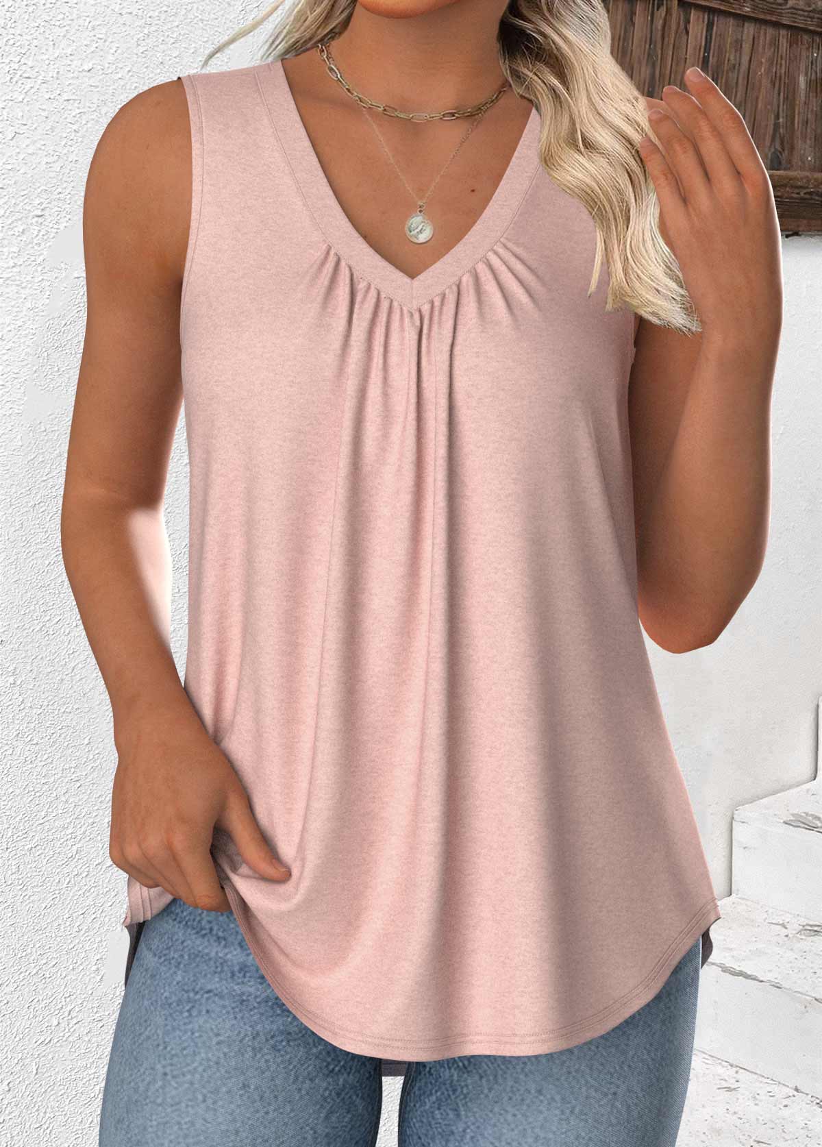 Dusty Pink Sleeveless V Neck Tank Top