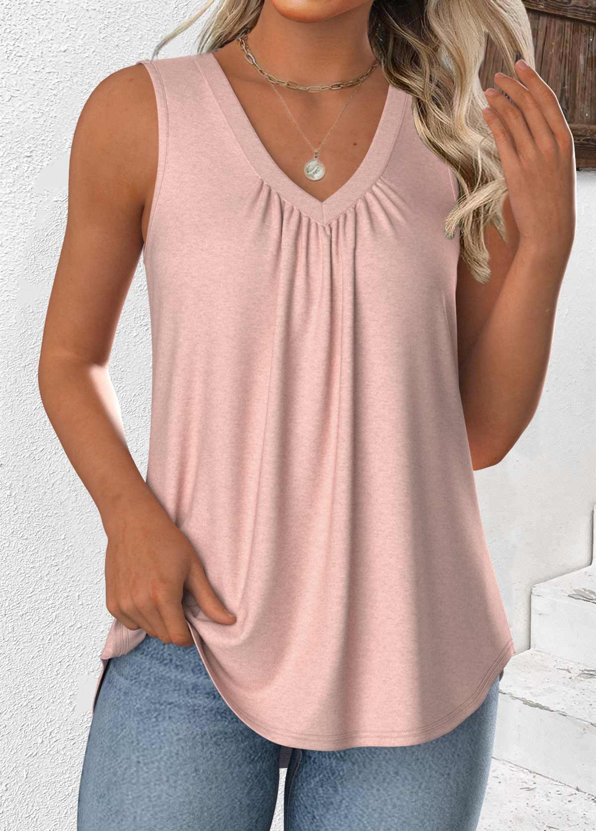 Dusty Pink Sleeveless V Neck Tank Top