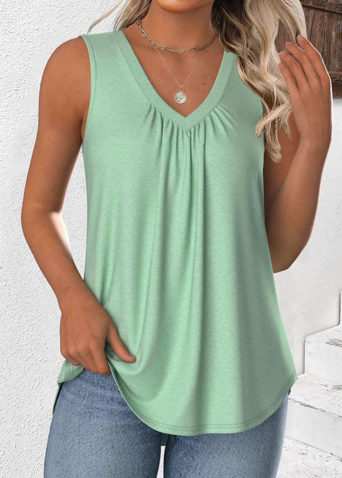 Light Green Sleeveless V Neck Tank Top