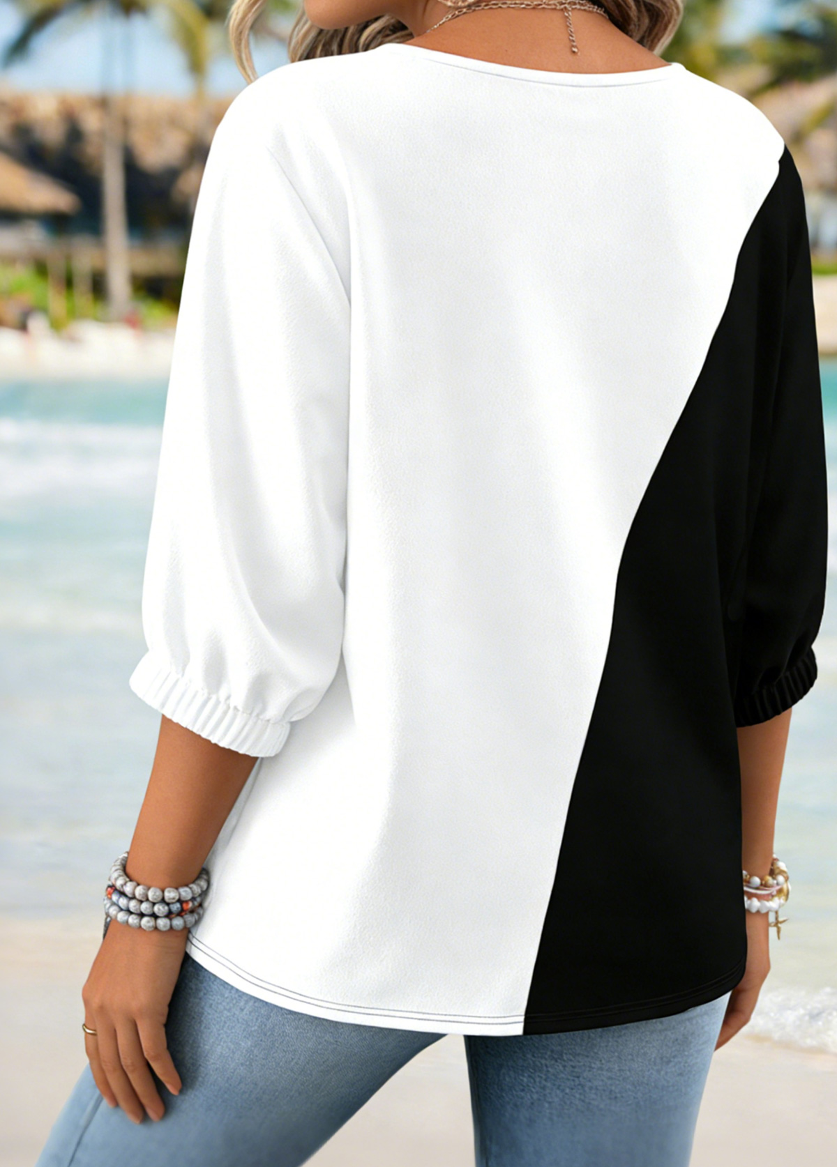 Tropical Plants Print Tummy Coverage Black 3/4 Sleeve Blouse