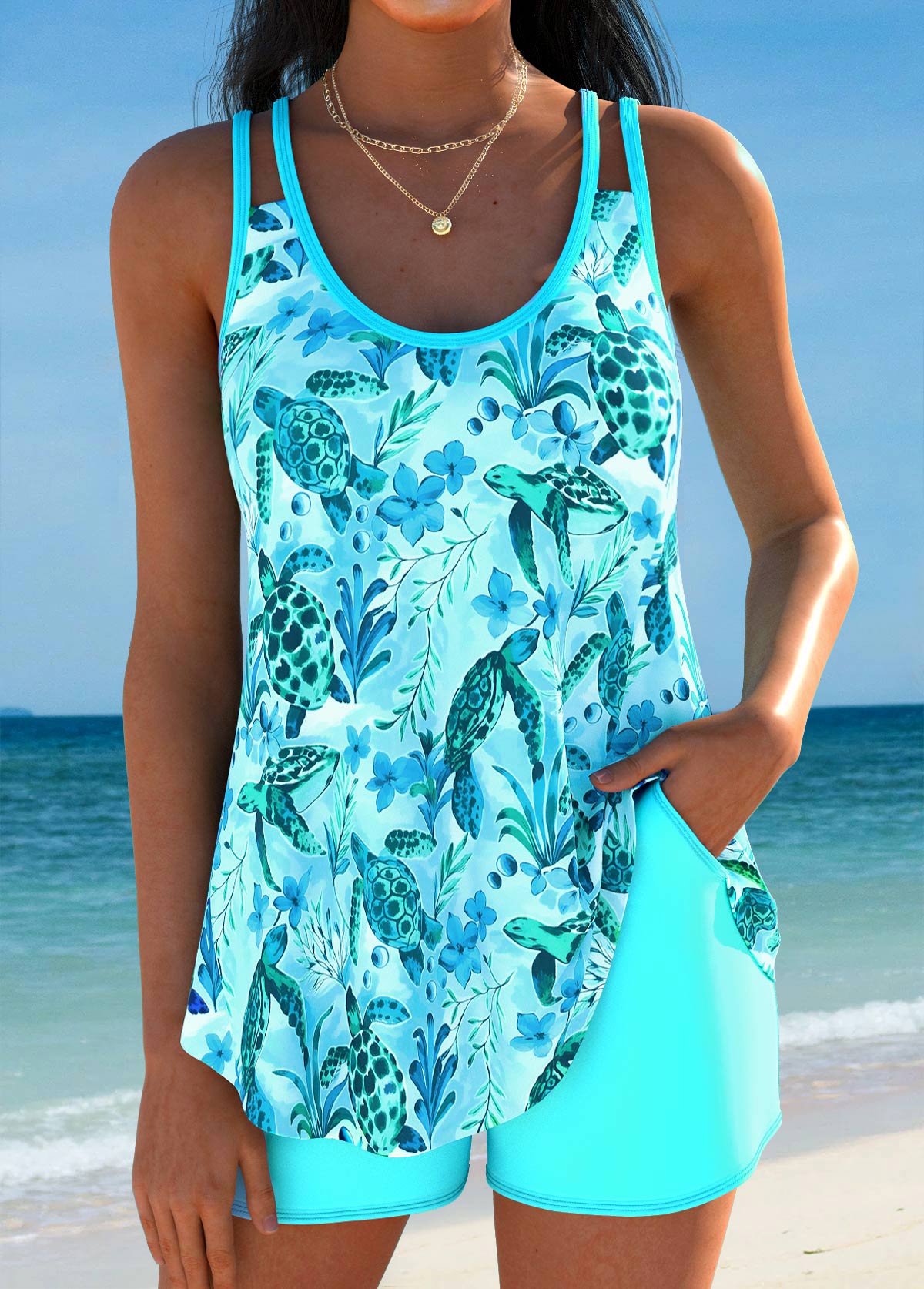 Mid Waisted Ocean Print Curved Hem Tankini Set