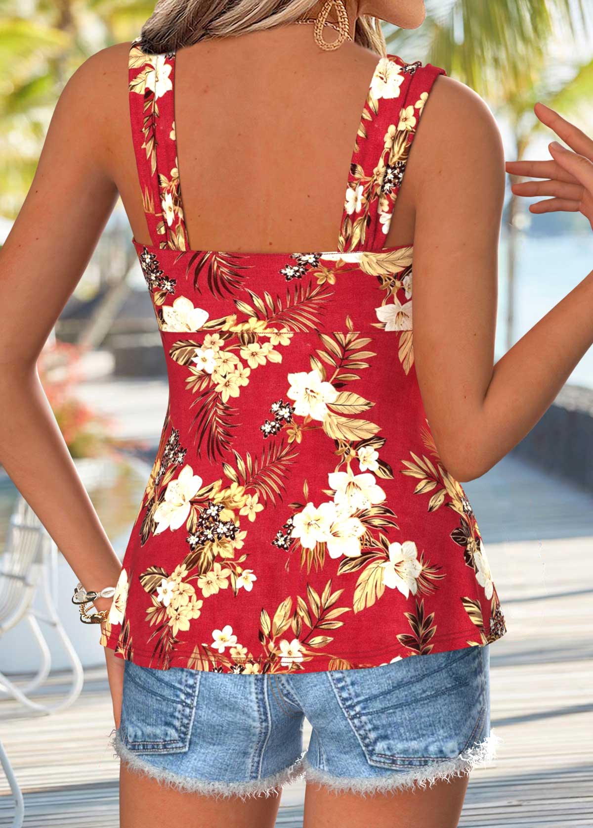 Floral Print Peplum Red Sleeveless Heart Collar Tank Top