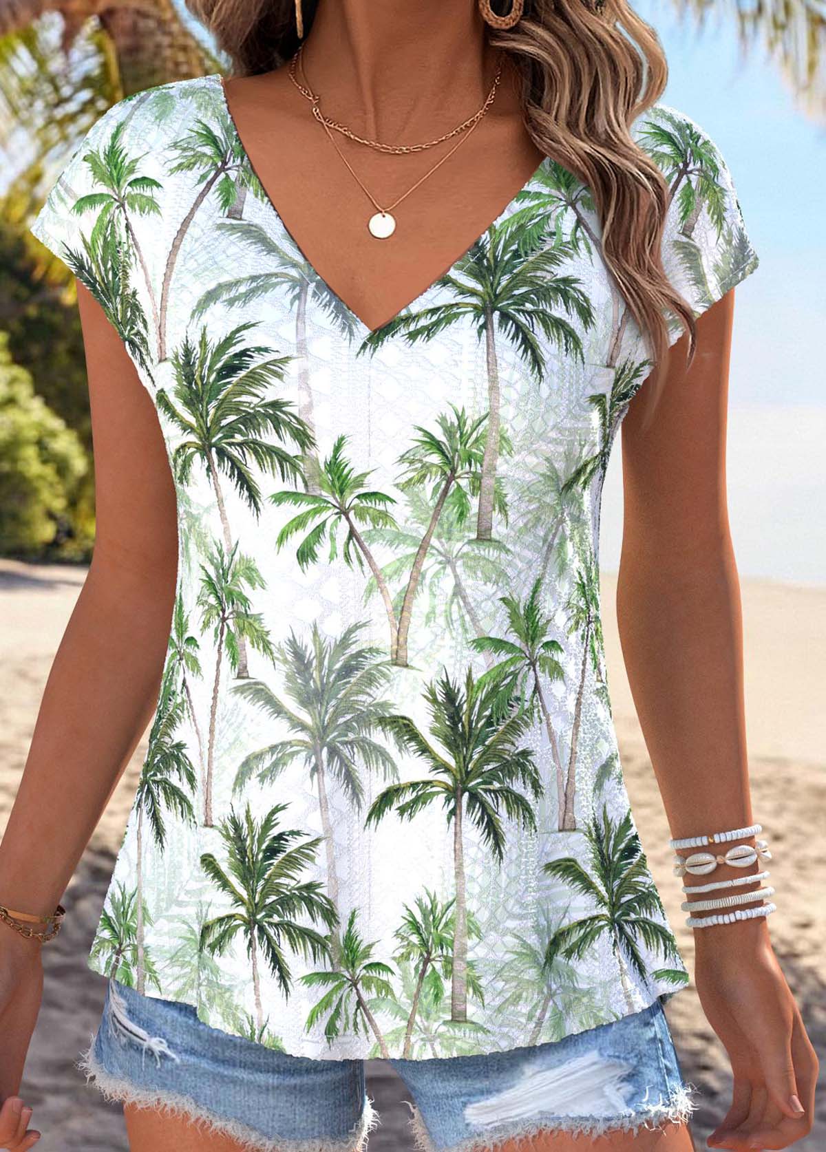 Tropical Plants Print Tummy Coverage Light Green T Shirt