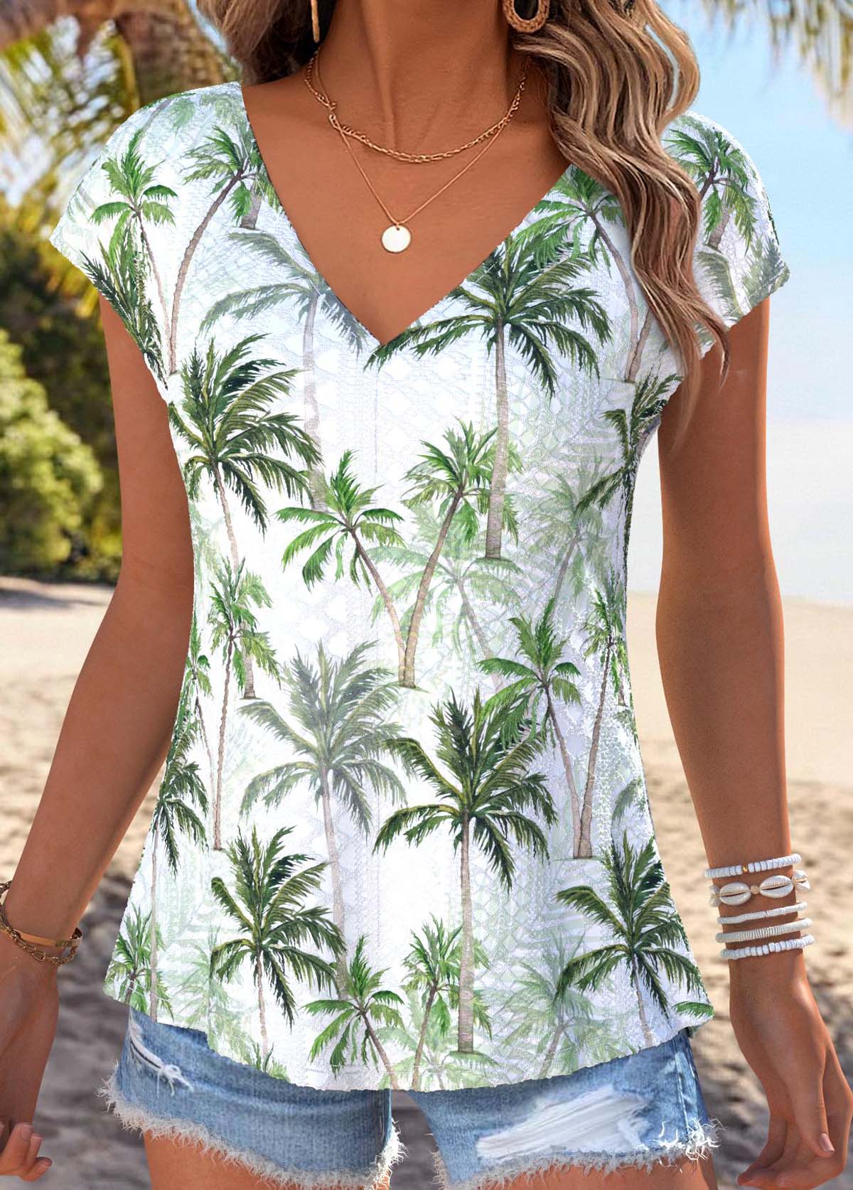 Tropical Plants Print Tummy Coverage Light Green T Shirt