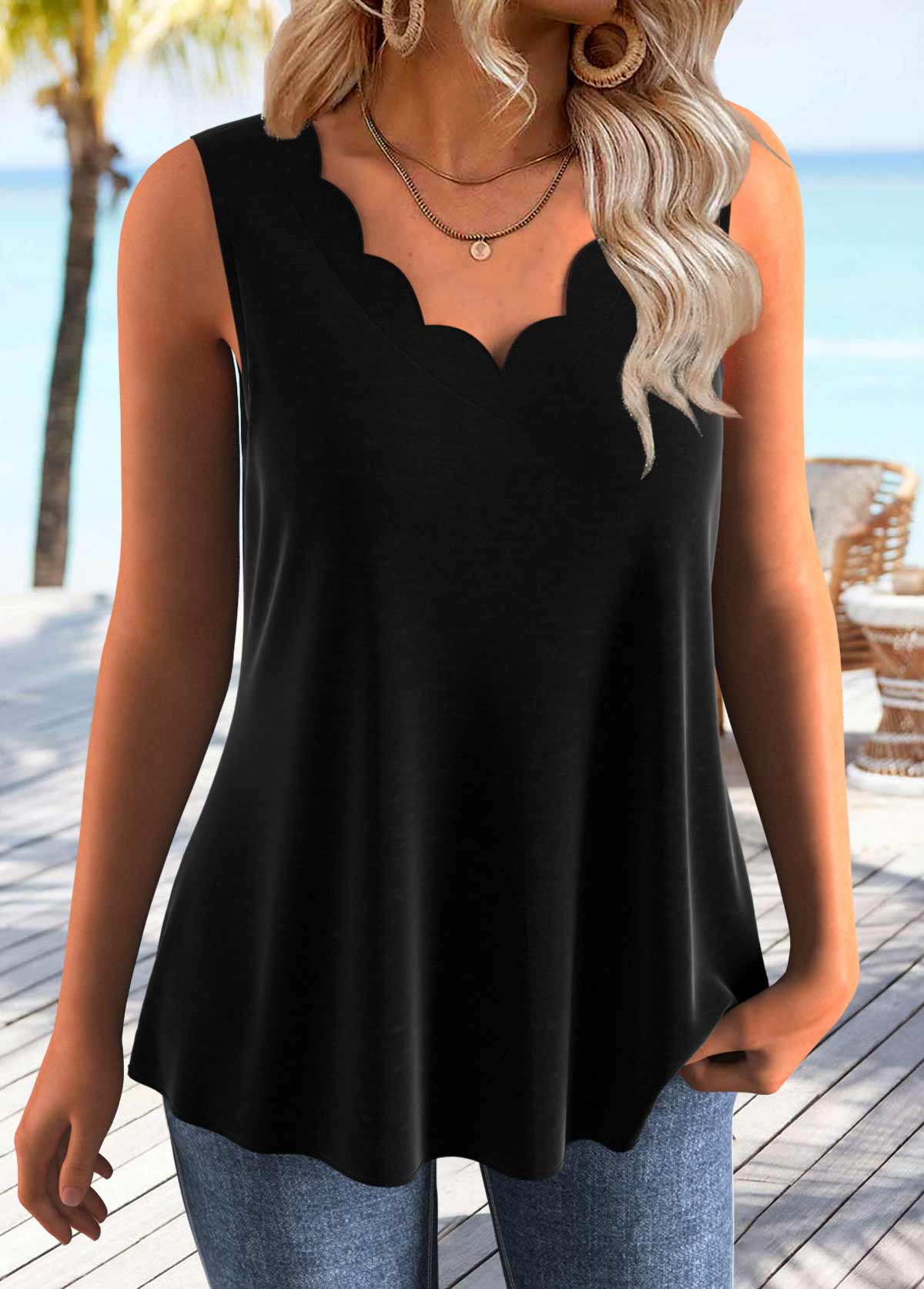 Tummy Coverage Black Sleeveless V Neck Tank Top