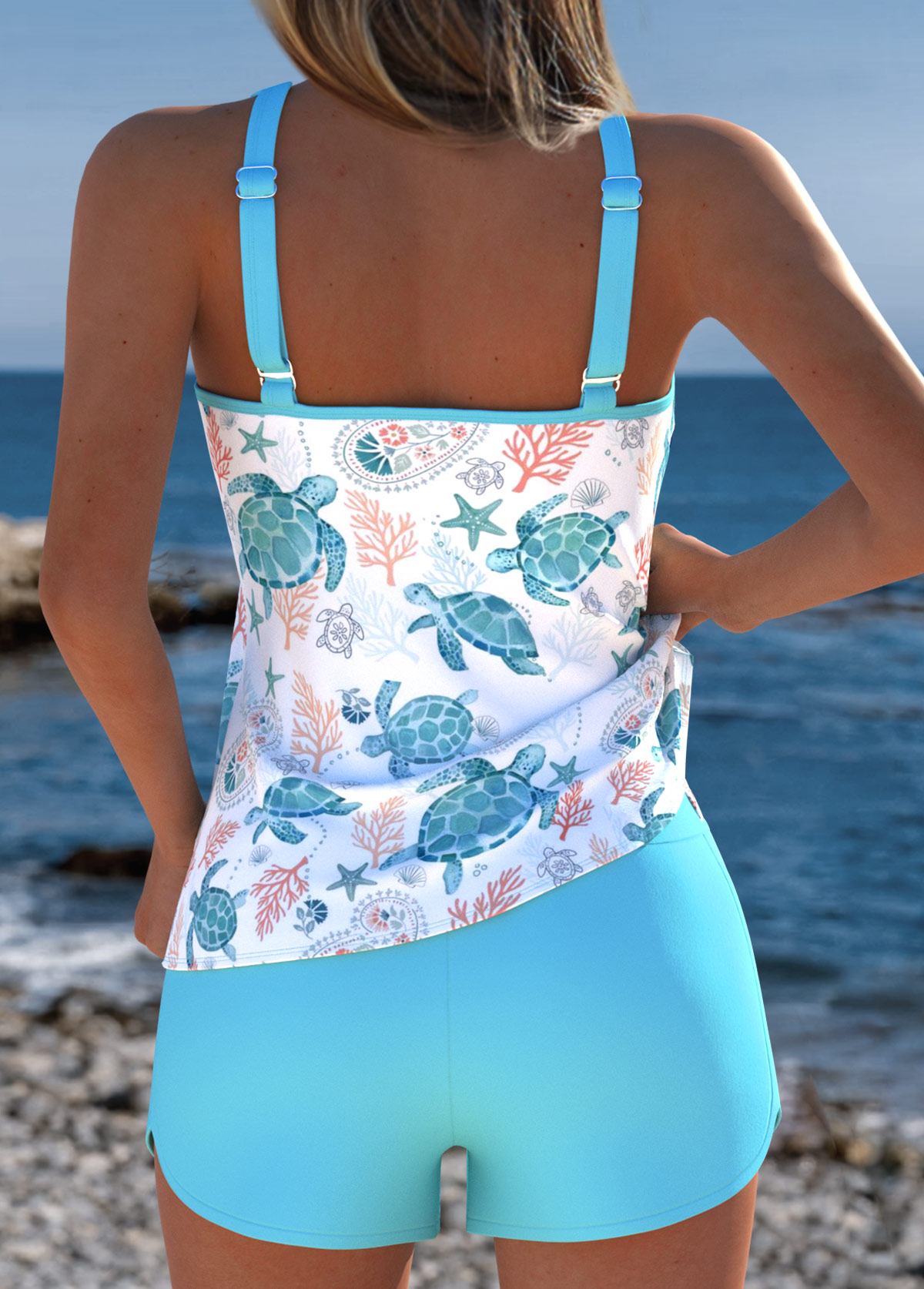 Mid Waisted Marine Life Print Tummy Coverage Tankini Set