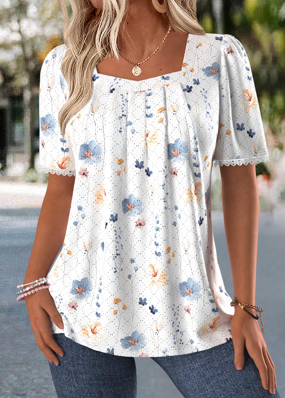 Ditsy Floral Print Tummy Coverage White T Shirt
