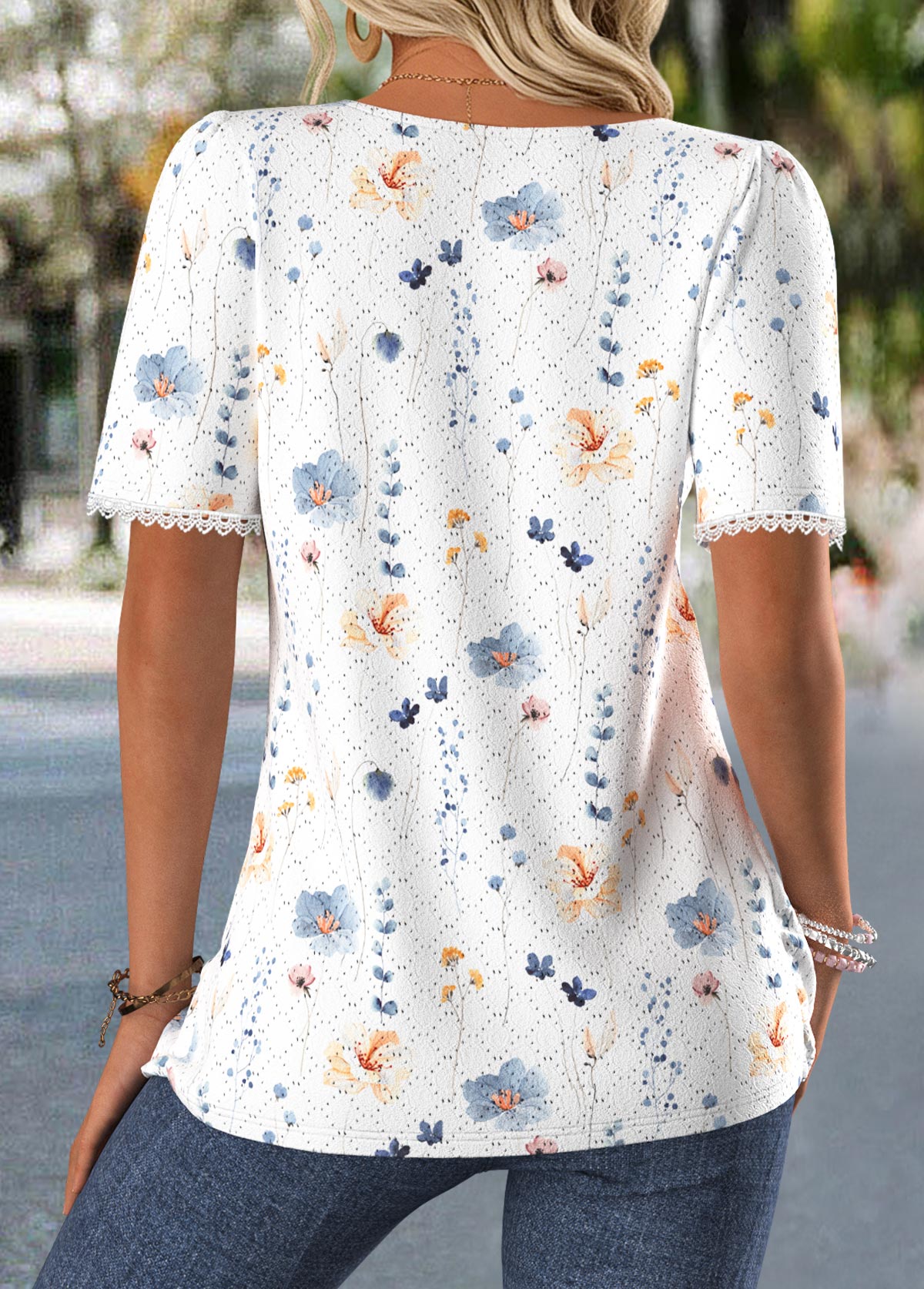 Ditsy Floral Print Tummy Coverage White T Shirt