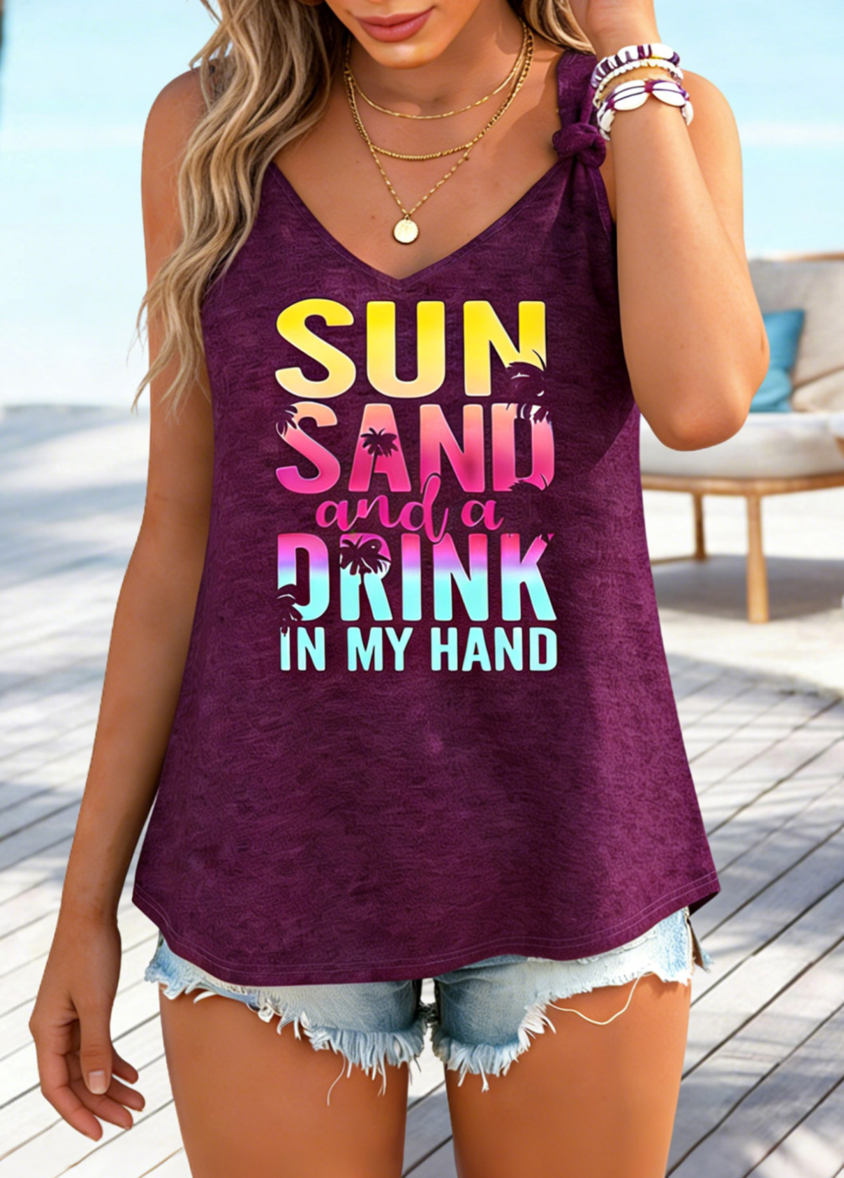 Letter Print Tie Wine Red Strappy Tank Top