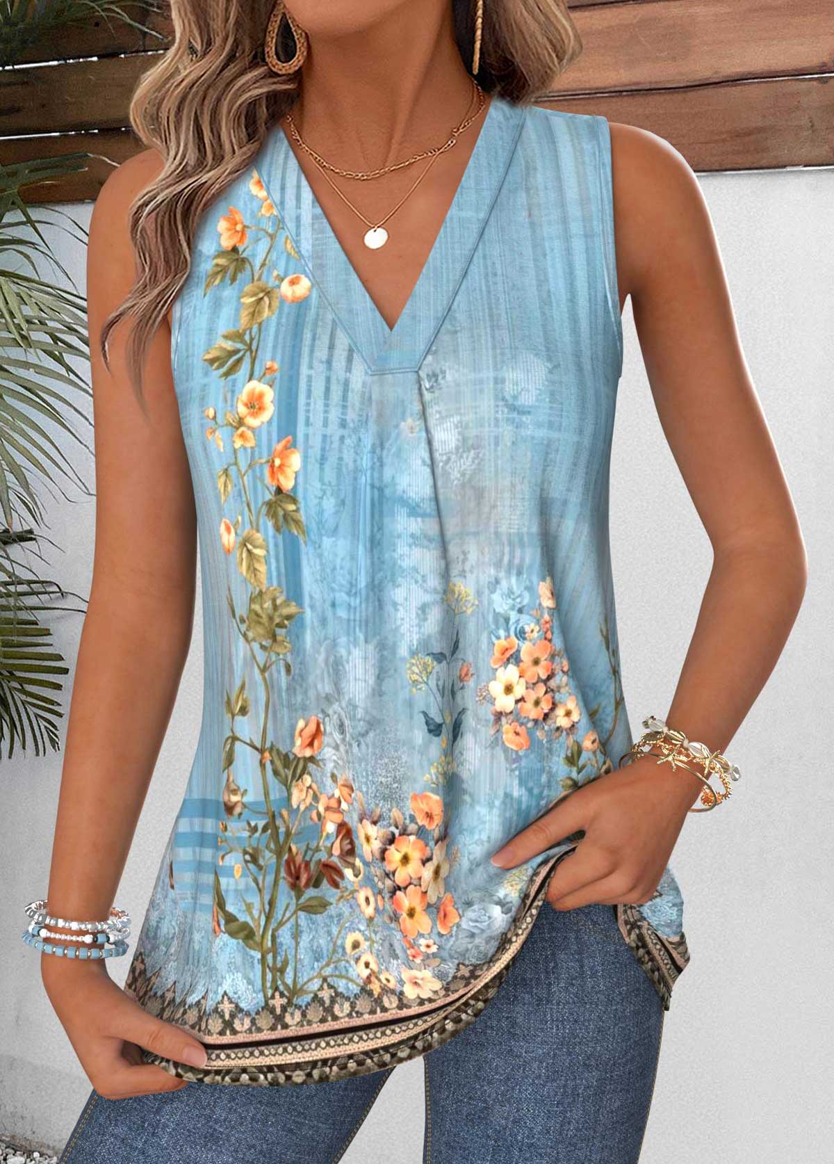 Random Floral Print Tummy Coverage Dusty Blue Tank Top