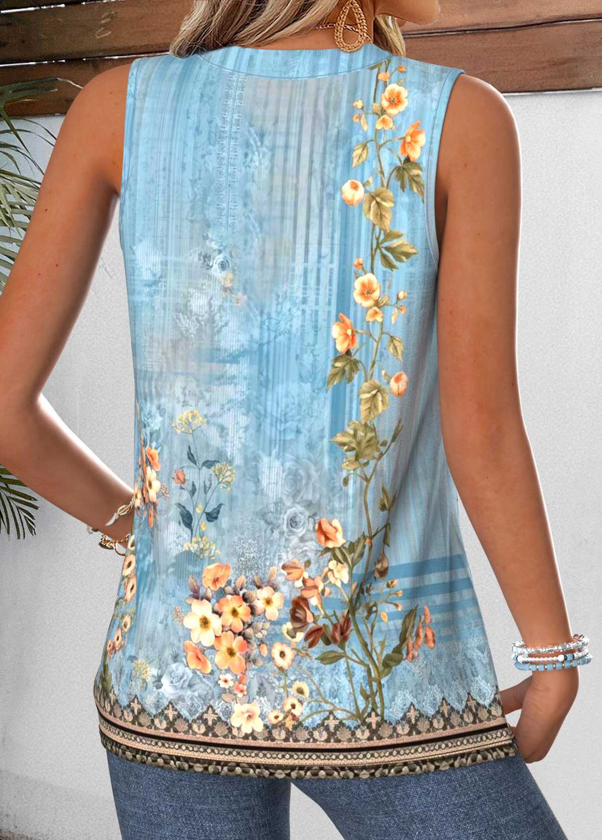 Random Floral Print Tummy Coverage Dusty Blue Tank Top