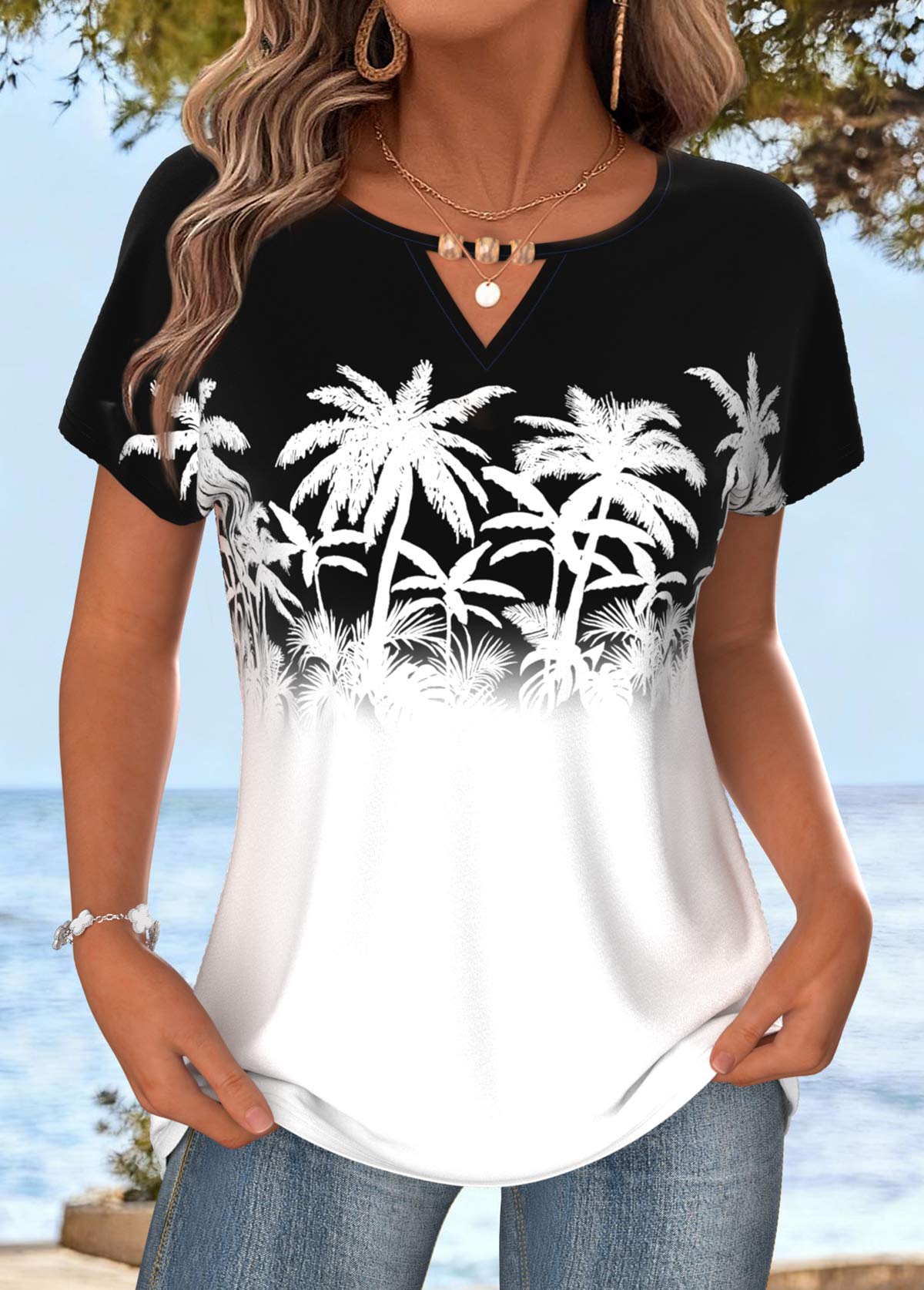 Tropical Plants Print Tummy Coverage White T Shirt