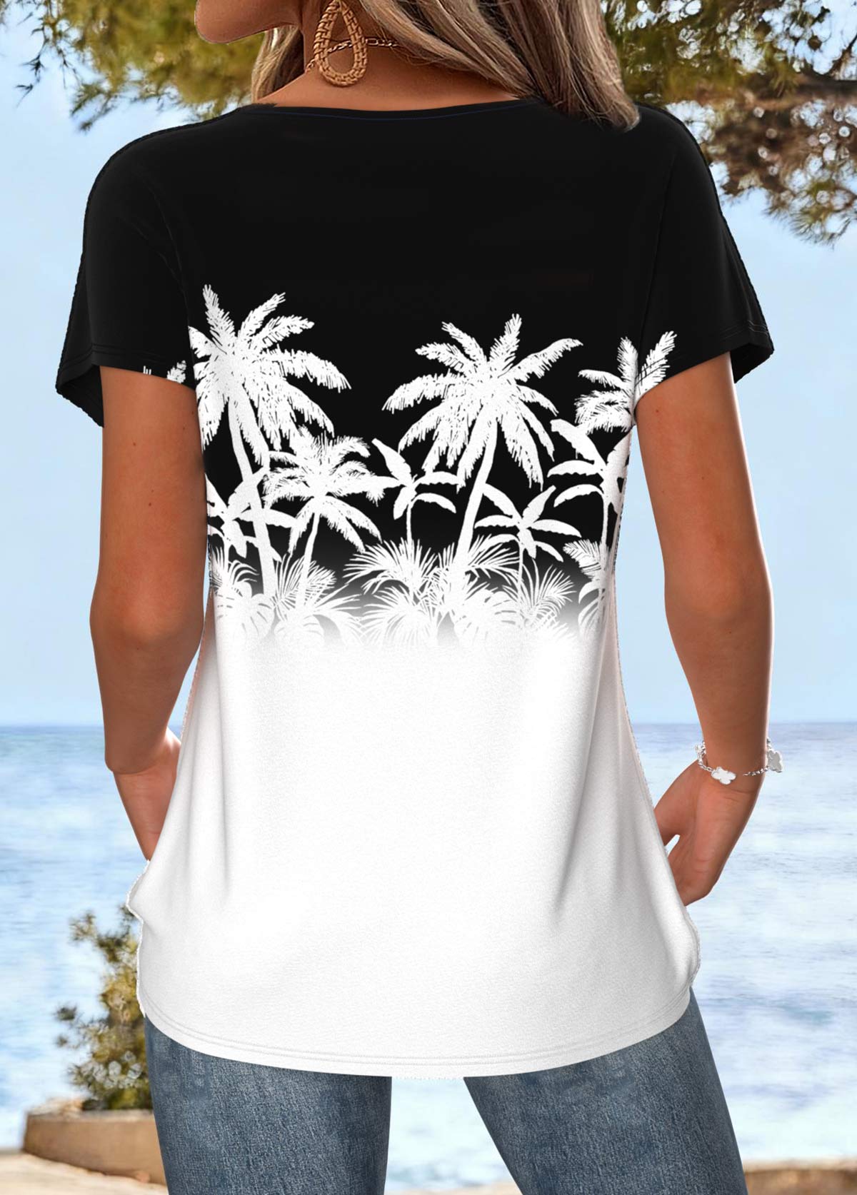 Tropical Plants Print Tummy Coverage White T Shirt
