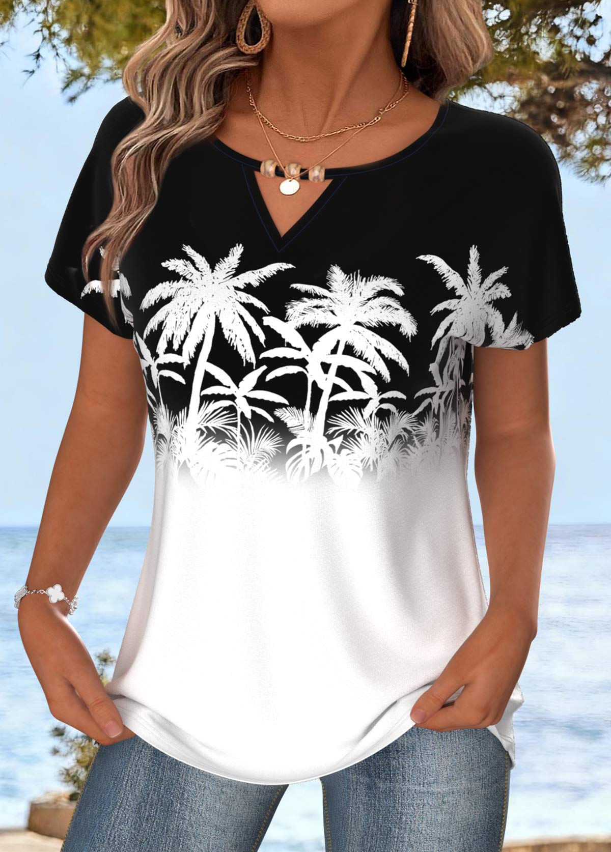 Tropical Plants Print Tummy Coverage White T Shirt