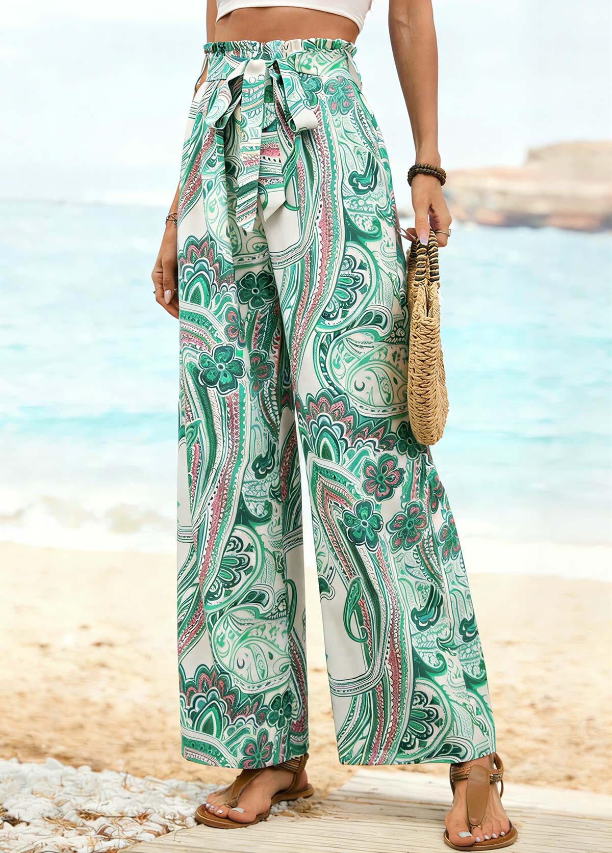 Floral Print Belted Green Wide Leg Elastic Waist Pants