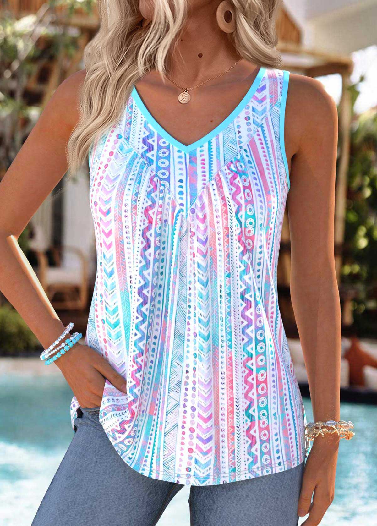 Geometric Print Tummy Coverage Multi Color Sleeveless Tank Top