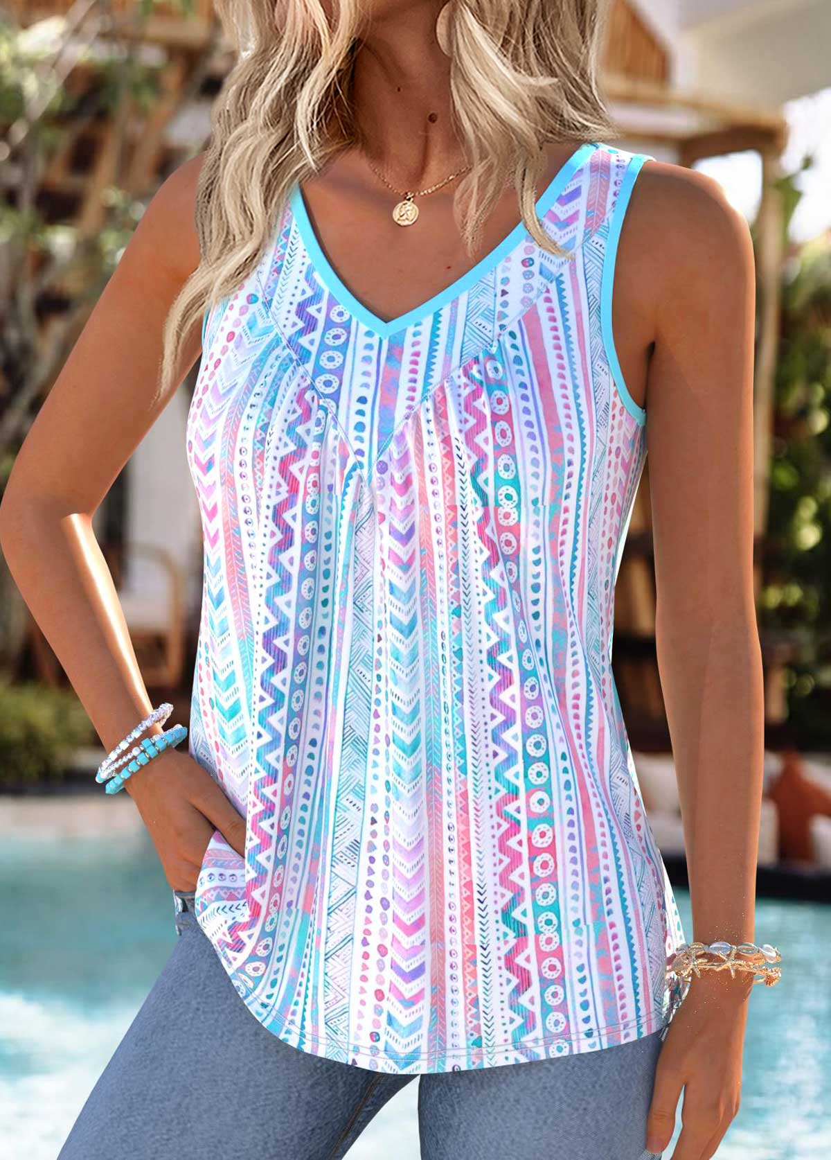 Geometric Print Tummy Coverage Multi Color Sleeveless Tank Top