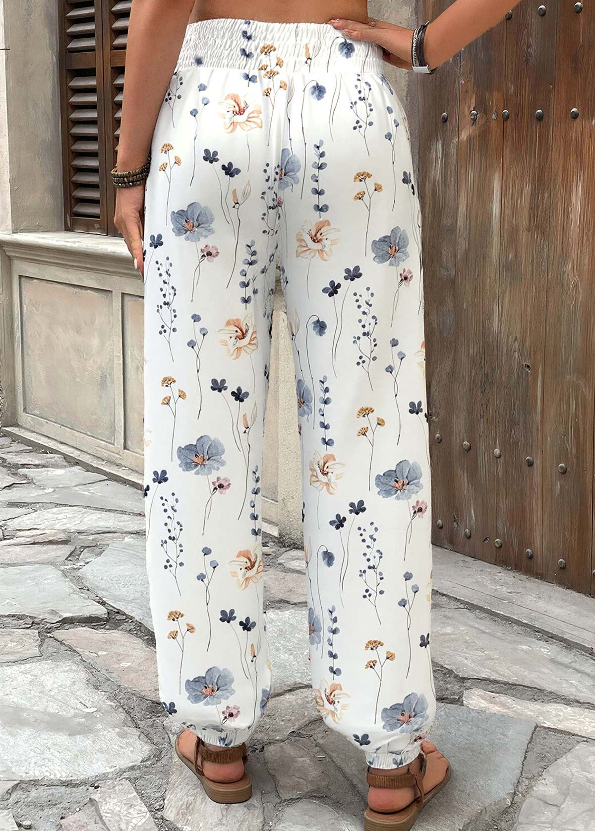 Floral Print Flowy White Jogger Elastic Waist Pants